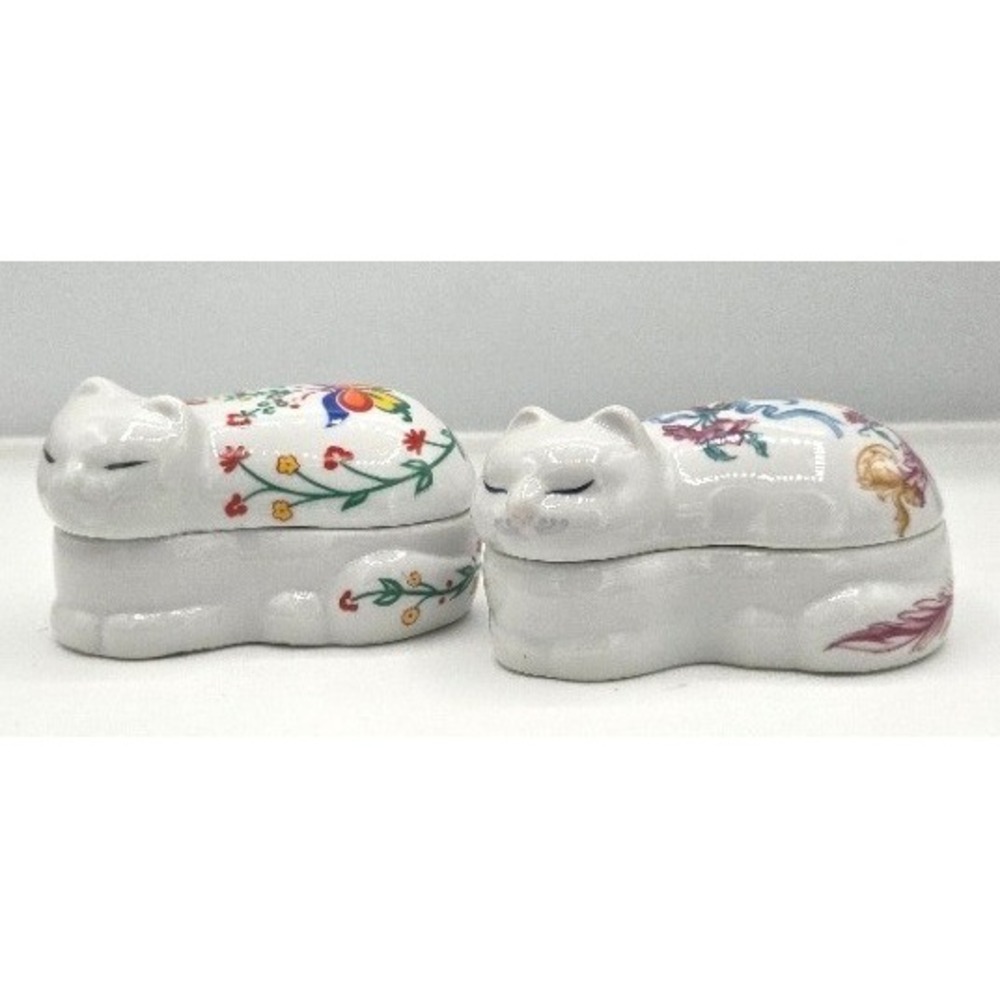 Vintage Porcelain Sleeping Cat Trinket Boxes - Floral & Butterfly Set